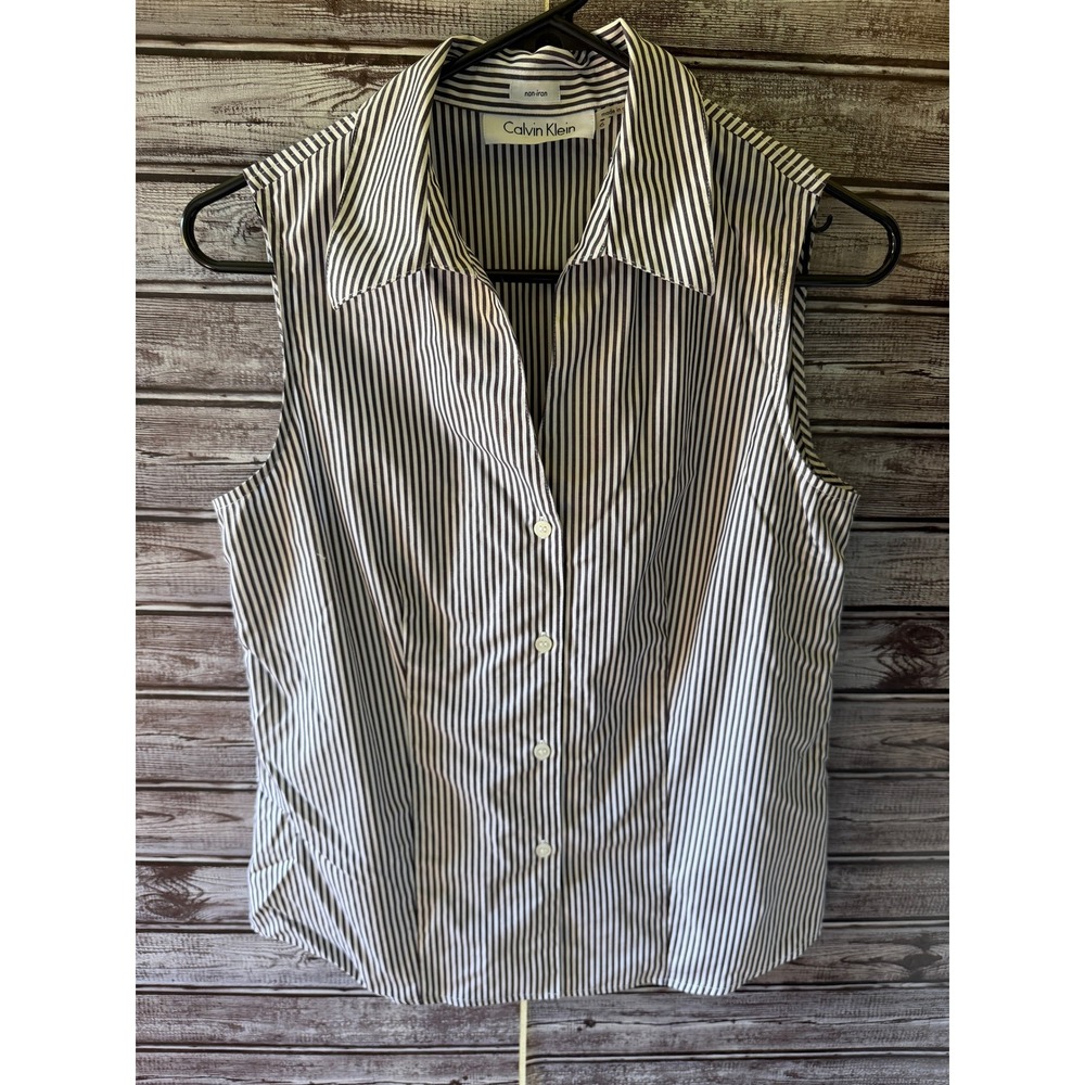 Calvin Klein Women's Sleeveless Button-Down Top Size 6 Charcoal Gray White